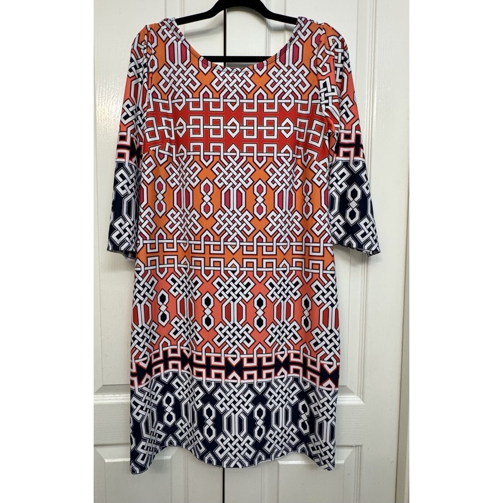 AB Studio Colorful Abstract Bohemian Above Knee 3/4 Sleeve Shift Dress sz Large